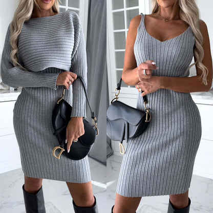 2pcs Suit Women's Long-sleeved Top And Tight Fashion Skirt